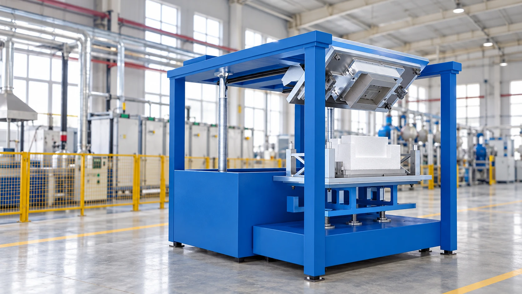 A blue industrial bonding press holds a white EPS casting pattern in a fixture inside a factory.