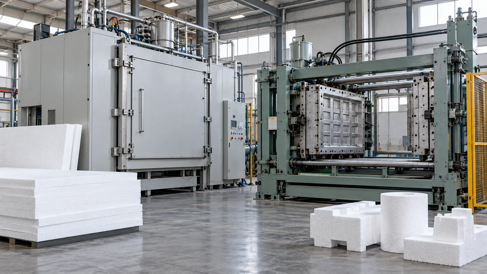 EPS foam sheet machine with stacked boards beside a shape molding machine and molded foam patterns.