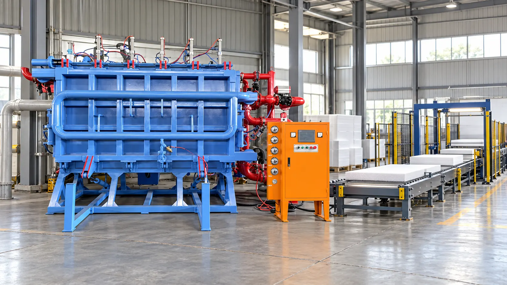 A blue industrial foam processing machine with an orange control cabinet stands beside a conveyor carrying white foam blocks.