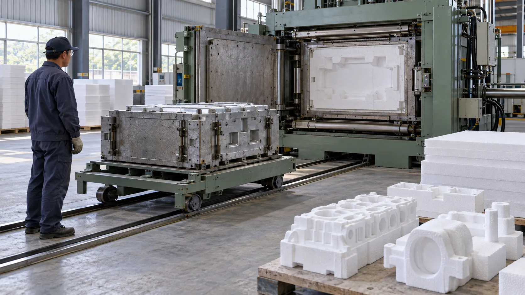 Worker beside an open EPS shape molding machine, with a mold on a rail cart and foam patterns in the foreground.