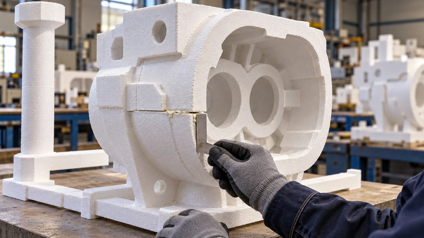 A gloved worker checks the seam of a large white EPS casting pattern with a measuring gauge.