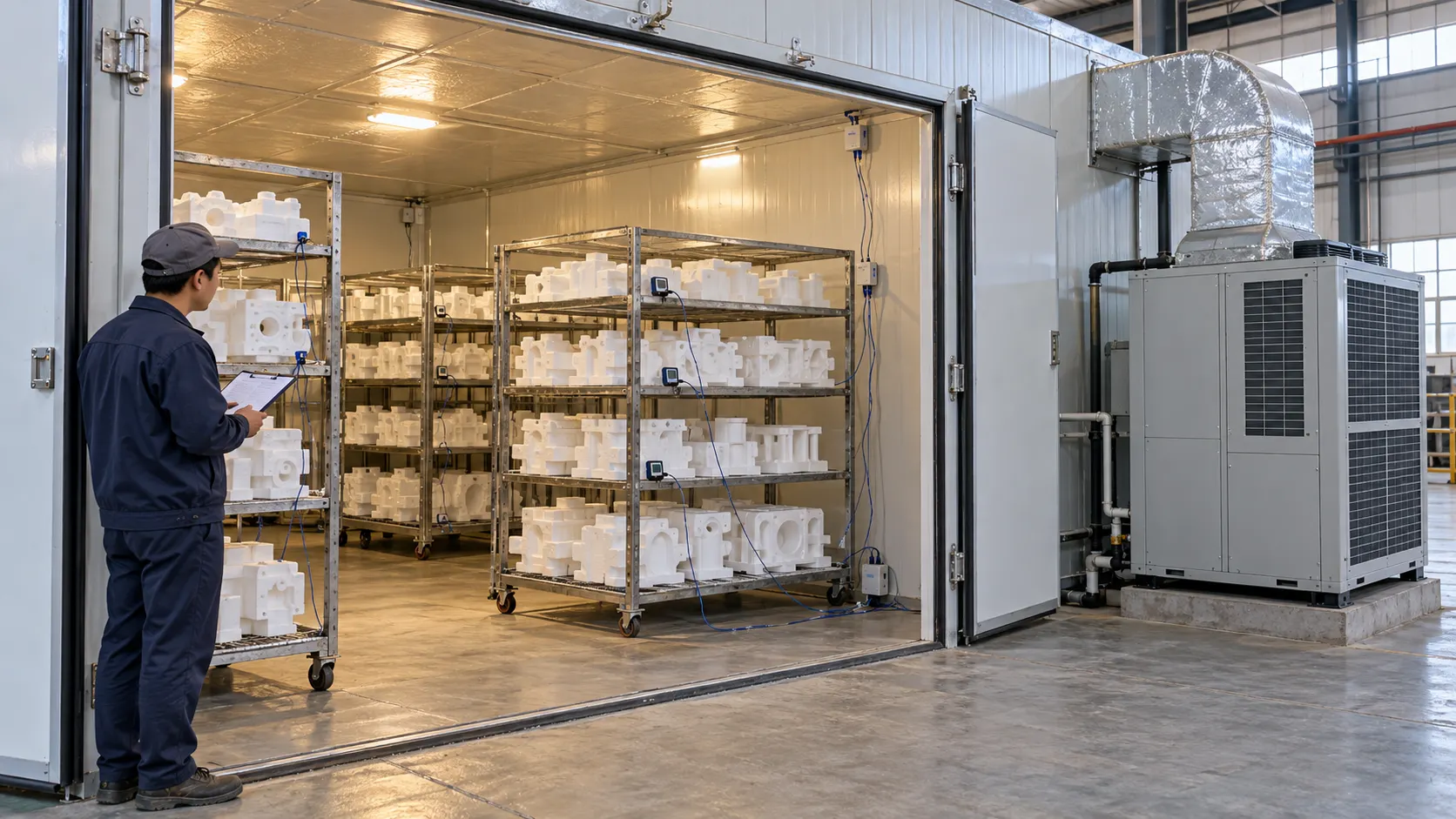 Technician checking a loaded lost foam drying room with EPS patterns and temperature loggers at multiple rack levels.
