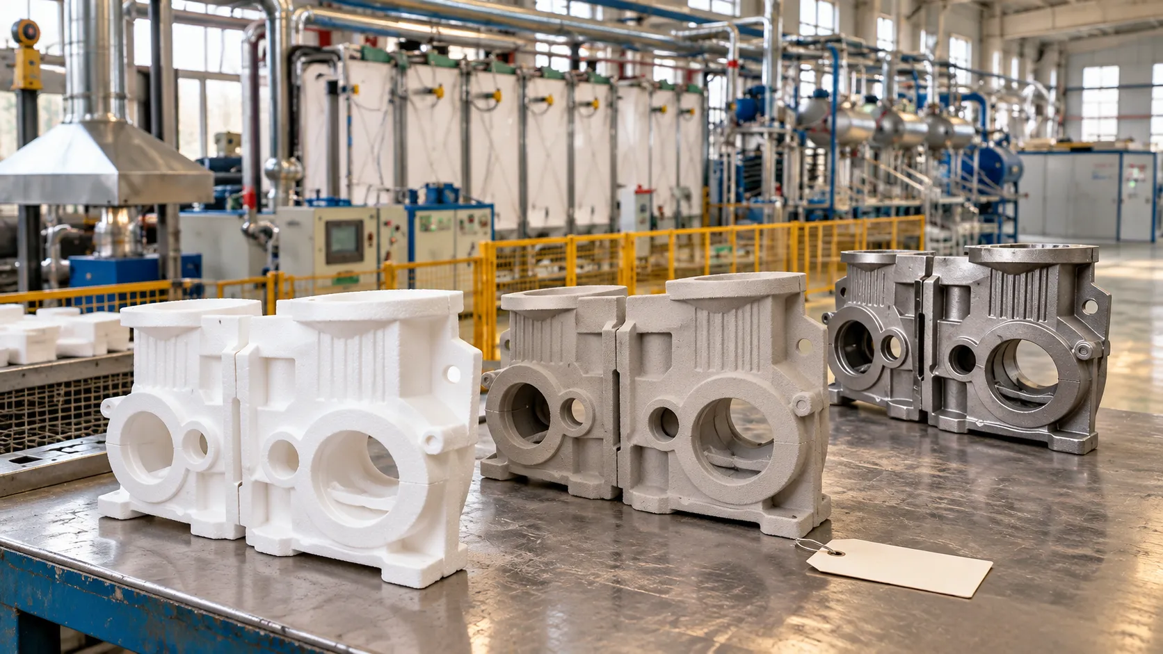 White EPS foam casting patterns and gray metal castings are displayed side by side on a foundry workbench.