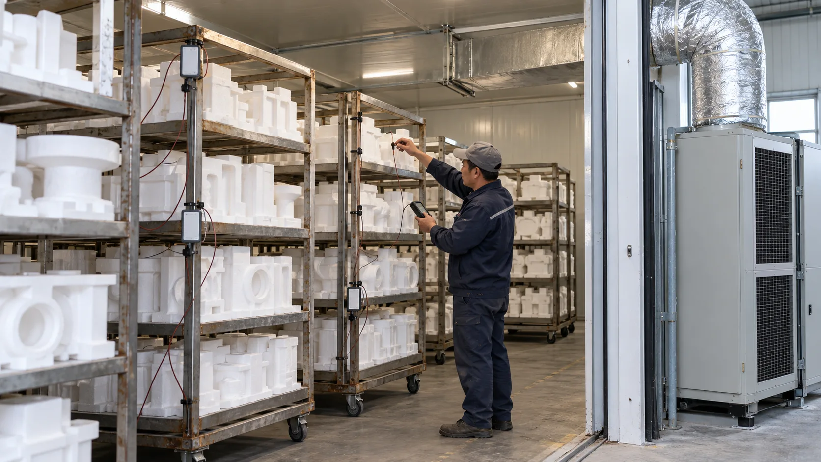 Technician positioning a temperature probe beside EPS patterns on a rack in a lost foam drying room.